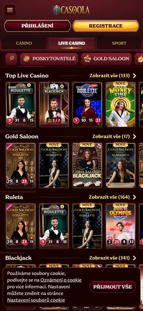 Živé casino s ruletou a blackjackem na webu Casoola