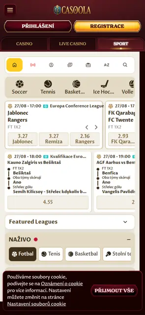 Sportovní sázení a živé zápasy v mobilní verzi Casoola
